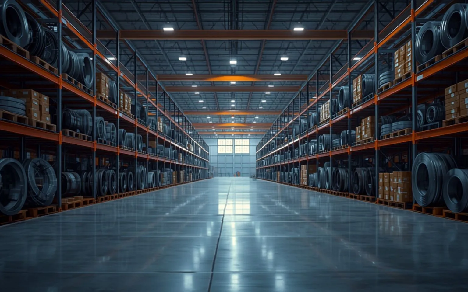 Une allée d’entreposage d’usine aux lisses orange, des palettes de pneus, de couronnes d’acier et de cartons sur plusieurs niveaux de chaque côté.