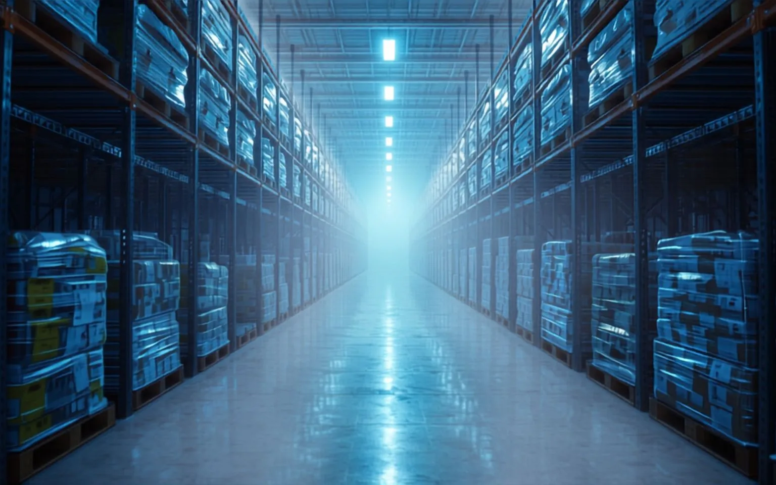 An aisle inside a cold store lit blue, film-wrapped pallets racked on both sides and condensation across the floor.