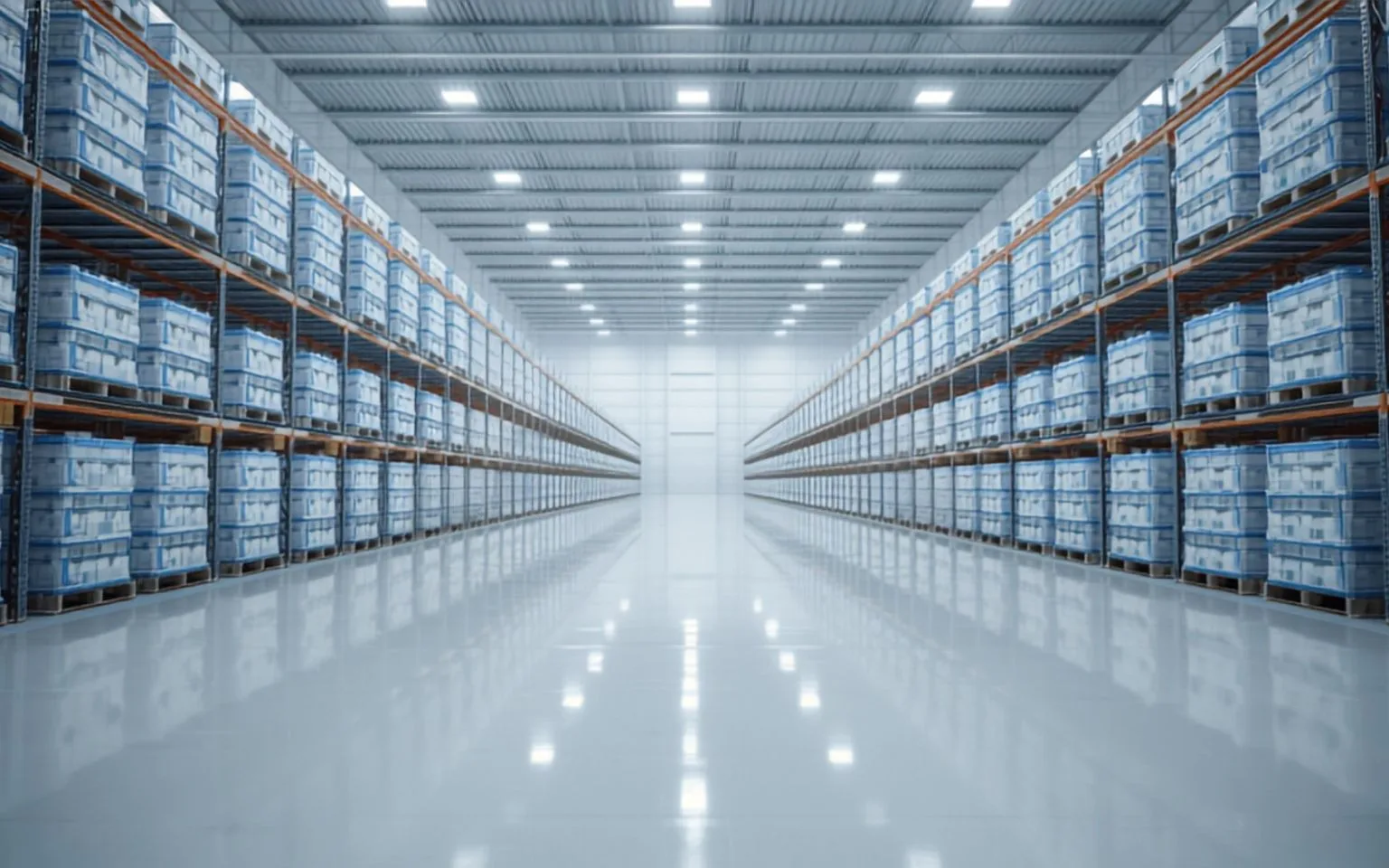 A wide, brightly lit distribution aisle, white-wrapped pallets racked to the roof on both sides above a sealed resin floor.