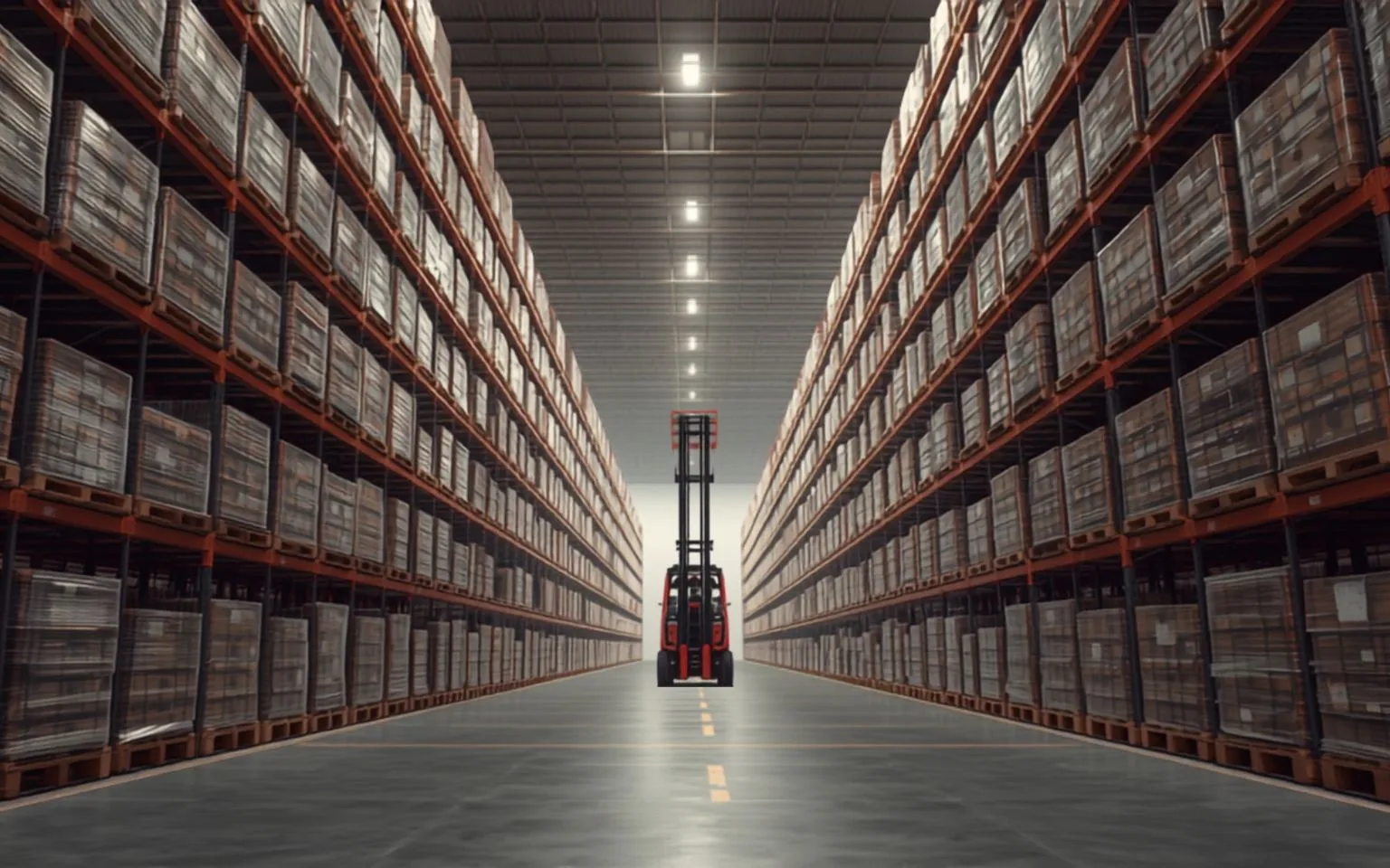 Une longue allée de centre de distribution, des palettes filmées empilées jusqu’au toit de chaque côté et un chariot élévateur au fond, mât levé.
